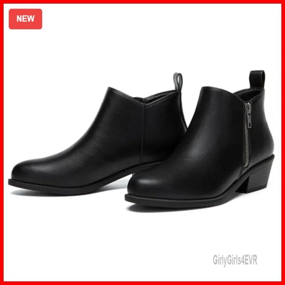 Chunky Low Heel Ankle Boots Round Toe Side Zipper Comfortable Dress Booties